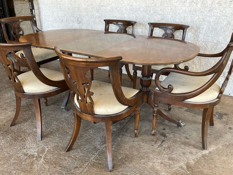 Vintage Wooden Double Pedestal Dining Table With One Leaf And Six Chairs 39W X 73L X 29.5H [Photo 4]