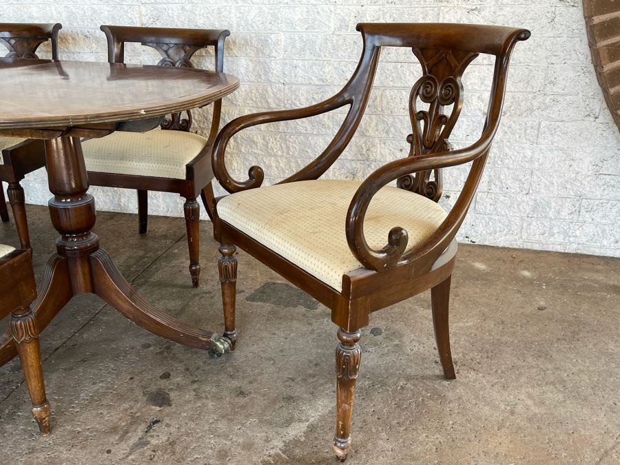 Vintage Wooden Double Pedestal Dining Table With One Leaf And Six Chairs 39W X 73L X 29.5H [Photo 11]