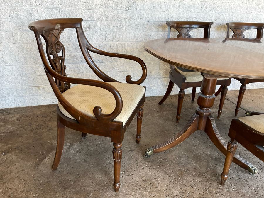 Vintage Wooden Double Pedestal Dining Table With One Leaf And Six Chairs 39W X 73L X 29.5H [Photo 12]