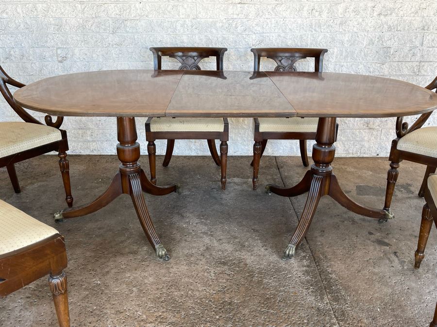 Vintage Wooden Double Pedestal Dining Table With One Leaf And Six Chairs 39W X 73L X 29.5H [Photo 14]
