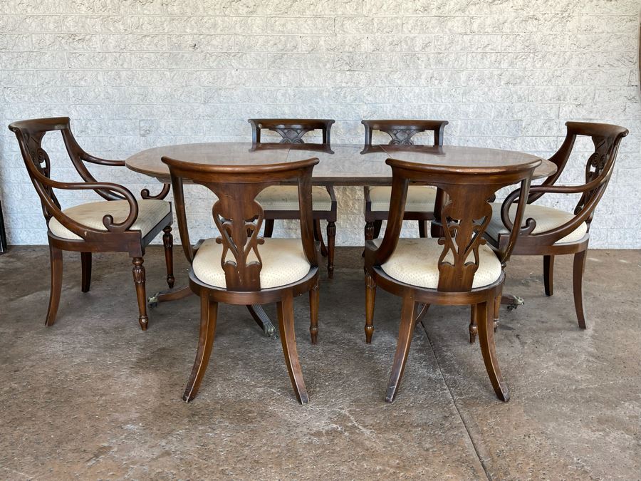 Vintage Wooden Double Pedestal Dining Table With One Leaf And Six Chairs 39W X 73L X 29.5H [Photo 2]