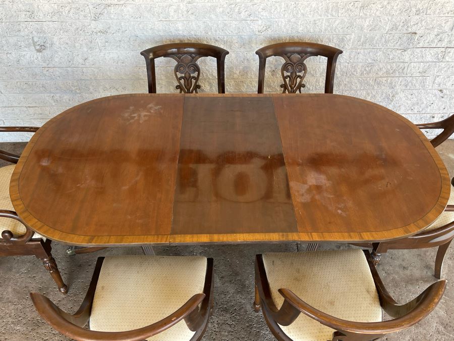 Vintage Wooden Double Pedestal Dining Table With One Leaf And Six Chairs 39W X 73L X 29.5H [Photo 7]