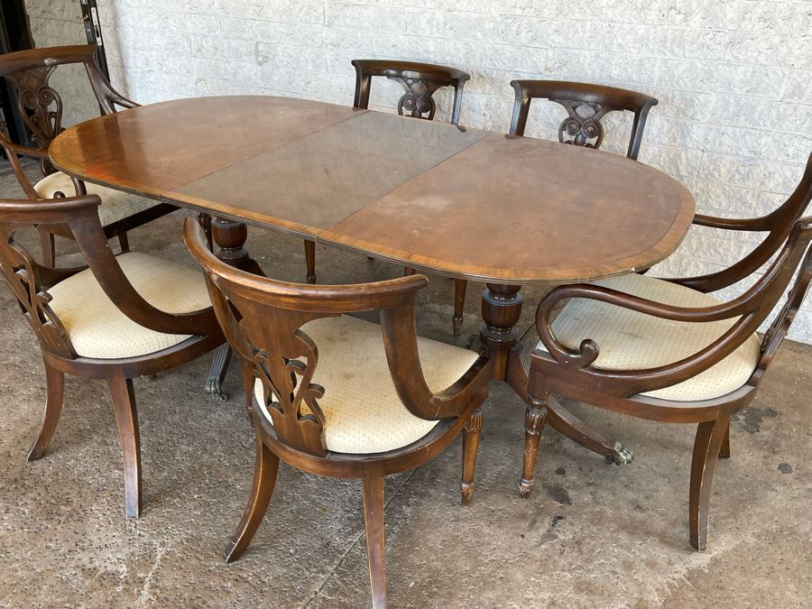 Vintage Wooden Double Pedestal Dining Table With One Leaf And Six Chairs 39W X 73L X 29.5H [Photo 5]