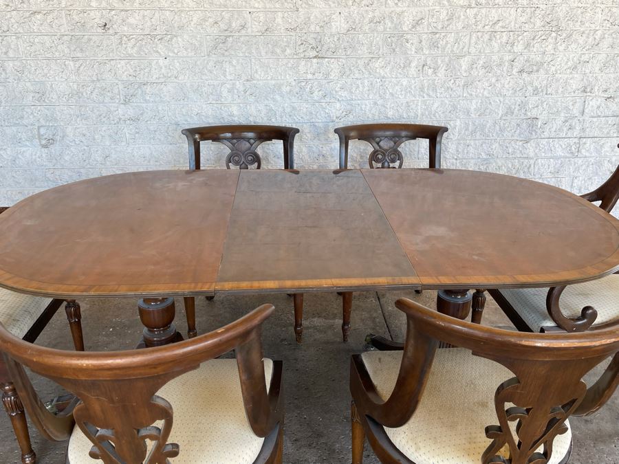 Vintage Wooden Double Pedestal Dining Table With One Leaf And Six Chairs 39W X 73L X 29.5H [Photo 6]
