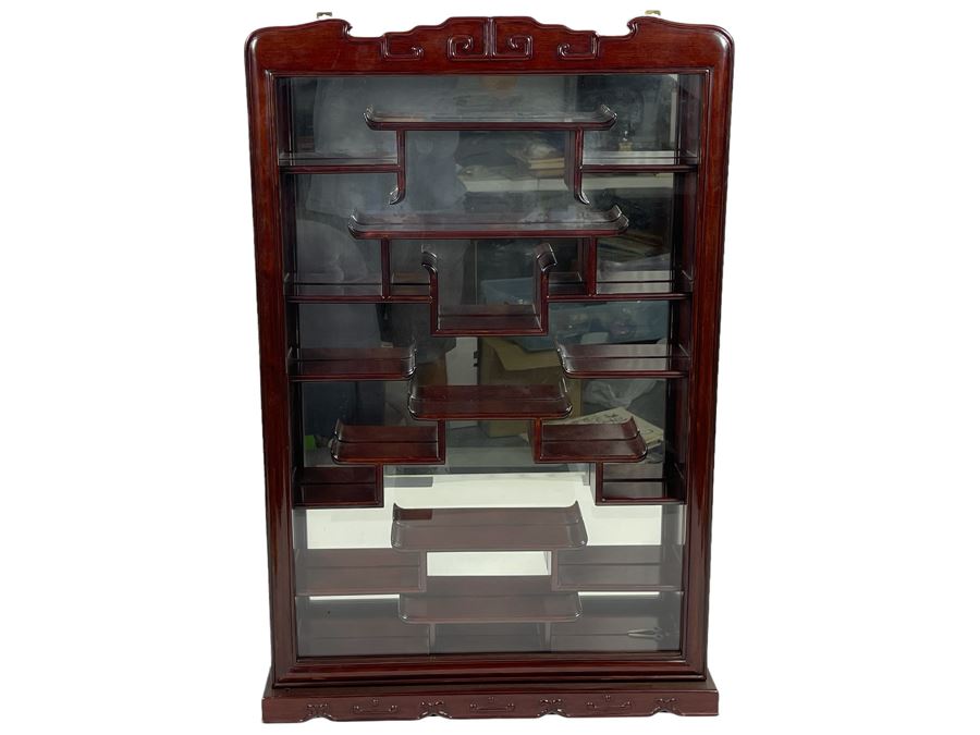 Chinese Rosewood Etagere Wall Cabinet With Mirror Back 21W X 5D X 31H