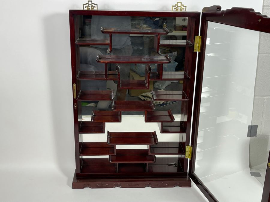 Chinese Rosewood Etagere Wall Cabinet With Mirror Back 21W X 5D X 31H [Photo 4]