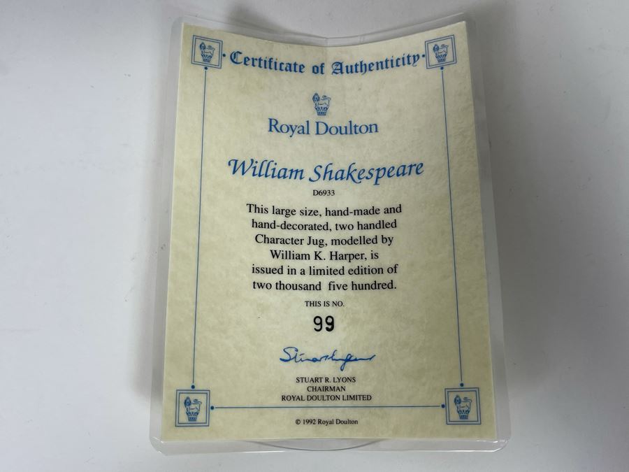 Royal Doulton William Shakespeare Limited Edition Toby Jug Mug 7H D6933 [Photo 12]
