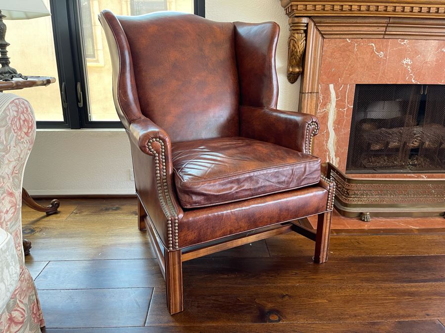 Kindel Fine Furniture Leather Wingback Armchair With Brass Nailheads Trim 2’6”W X 2’4”D X 3’4”H [Photo 2]