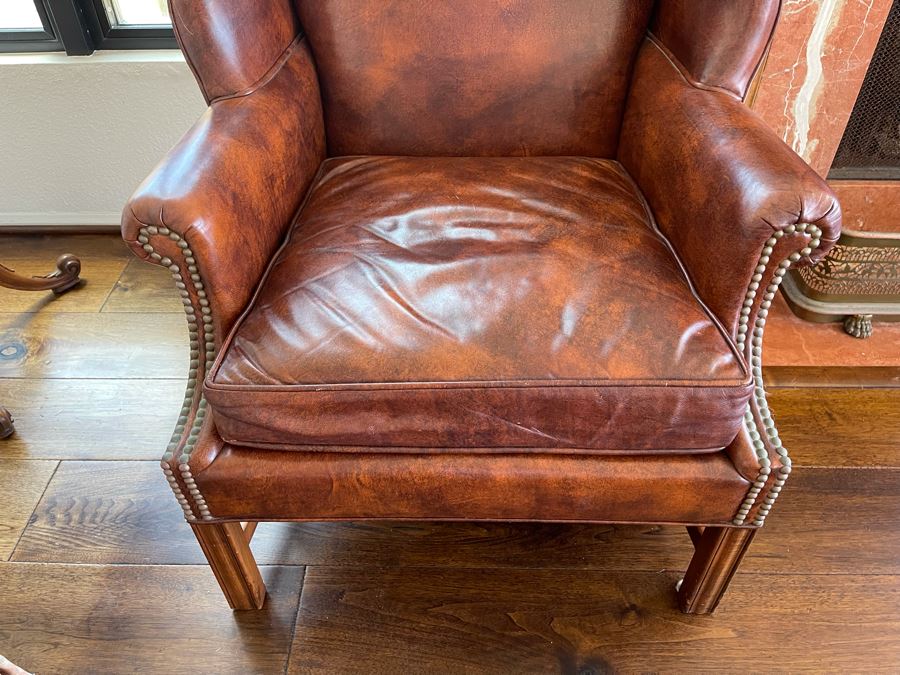 Kindel Fine Furniture Leather Wingback Armchair With Brass Nailheads Trim 2’6”W X 2’4”D X 3’4”H [Photo 4]