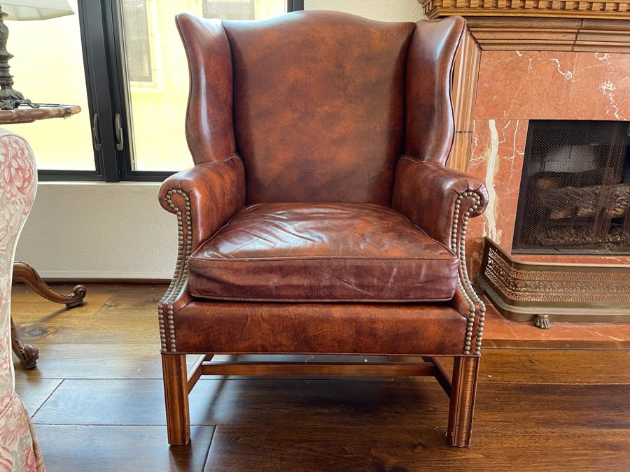 Kindel Fine Furniture Leather Wingback Armchair With Brass Nailheads Trim 2’6”W X 2’4”D X 3’4”H