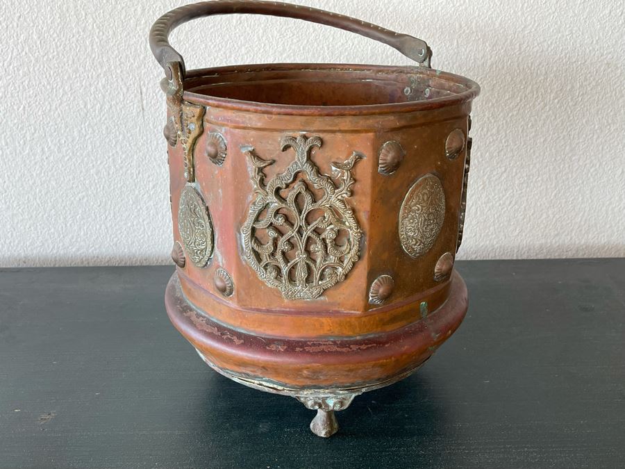 Vintage Brass Copper Footed Bucket Pot With Handle Signed Mardge 1’1”R X 1’2”H [Photo 1]