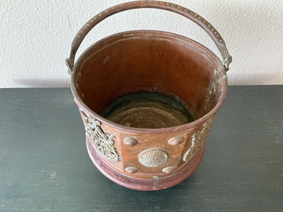 Vintage Brass Copper Footed Bucket Pot With Handle Signed Mardge 1’1”R X 1’2”H [Photo 8]