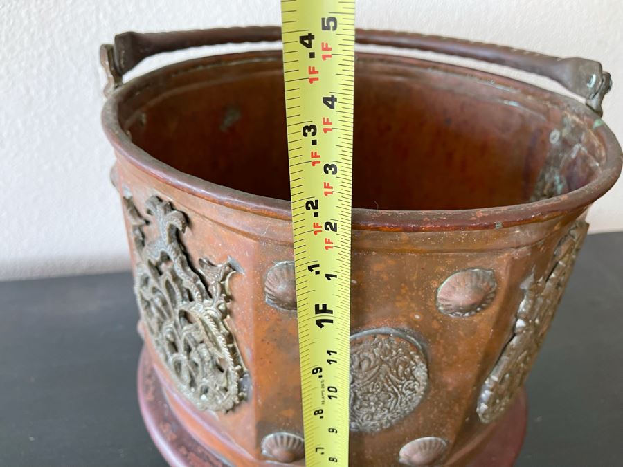 Vintage Brass Copper Footed Bucket Pot With Handle Signed Mardge 1’1”R X 1’2”H [Photo 14]
