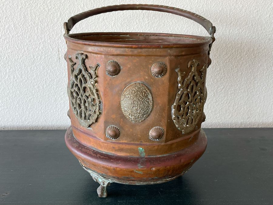 Vintage Brass Copper Footed Bucket Pot With Handle Signed Mardge 1’1”R X 1’2”H [Photo 6]
