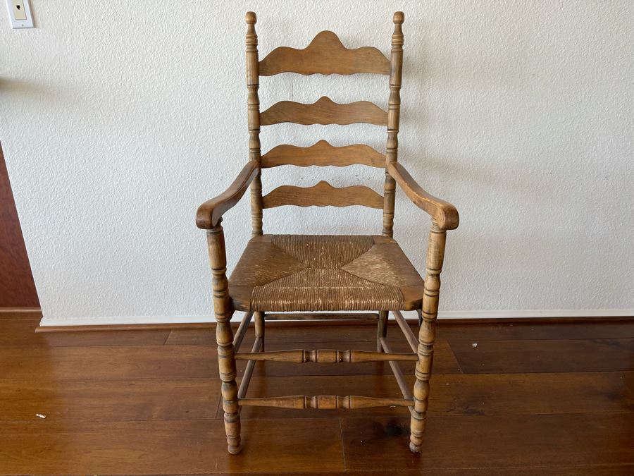 Vintage Ladder Back Rush Seat Armchair 1’9”W X 1’8”D X 3’7”H