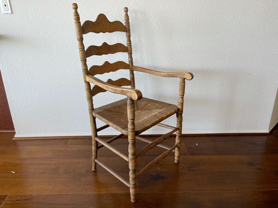 Vintage Ladder Back Rush Seat Armchair 1’9”W X 1’8”D X 3’7”H [Photo 3]