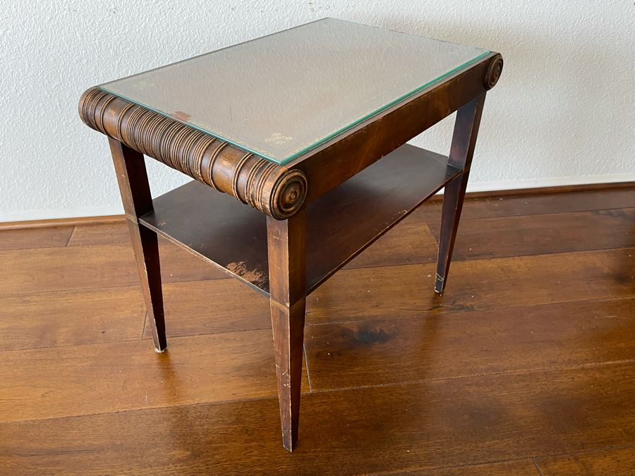 Vintage Leather Top 2-Tier Side Table With Glass Top 2’W X 1’4”D X 2’H [Photo 3]