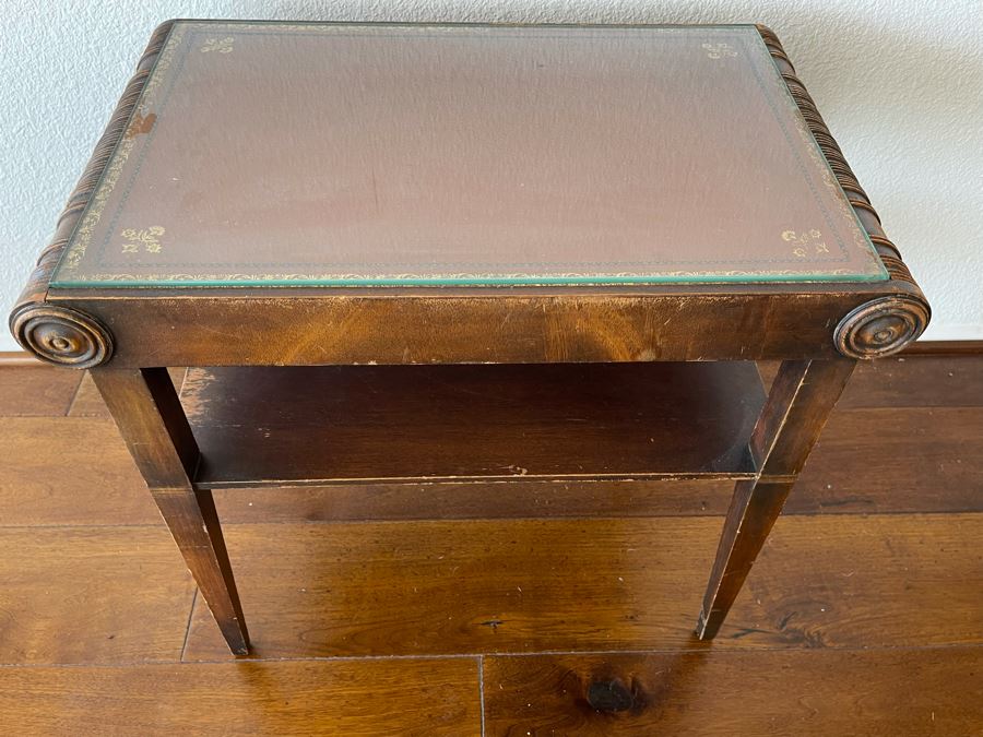 Vintage Leather Top 2-Tier Side Table With Glass Top 2’W X 1’4”D X 2’H [Photo 4]