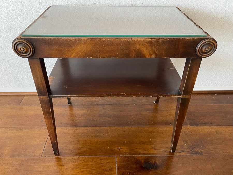 Vintage Leather Top 2-Tier Side Table With Glass Top 2’W X 1’4”D X 2’H [Photo 5]
