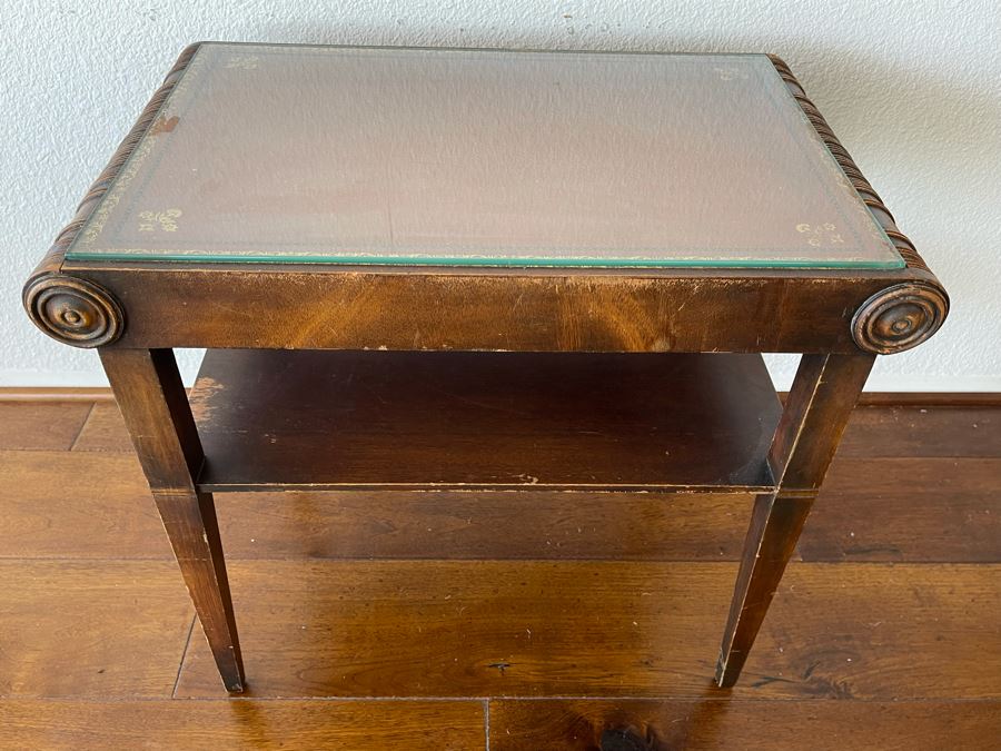 Vintage Leather Top 2-Tier Side Table With Glass Top 2’W X 1’4”D X 2’H