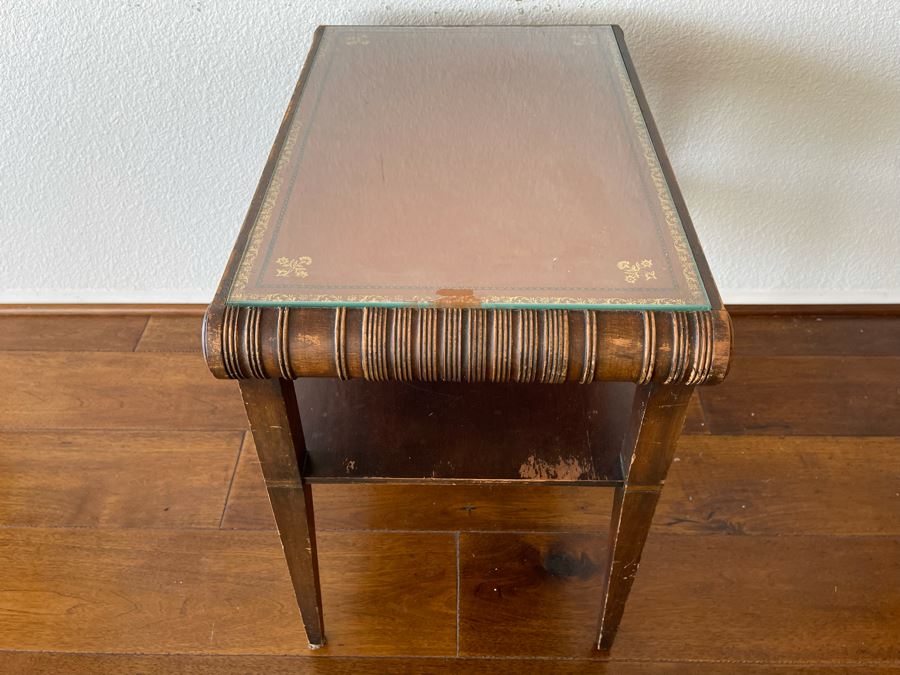 Vintage Leather Top 2-Tier Side Table With Glass Top 2’W X 1’4”D X 2’H [Photo 2]