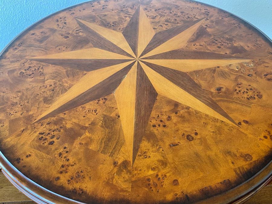 Inlaid Wooden Pedestal Table 3’R X 2’6”H [Photo 6]