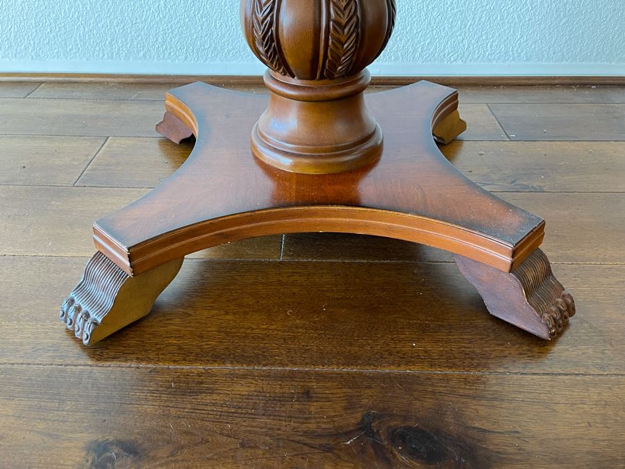 Inlaid Wooden Pedestal Table 3’R X 2’6”H [Photo 8]
