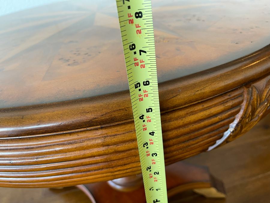 Inlaid Wooden Pedestal Table 3’R X 2’6”H [Photo 11]