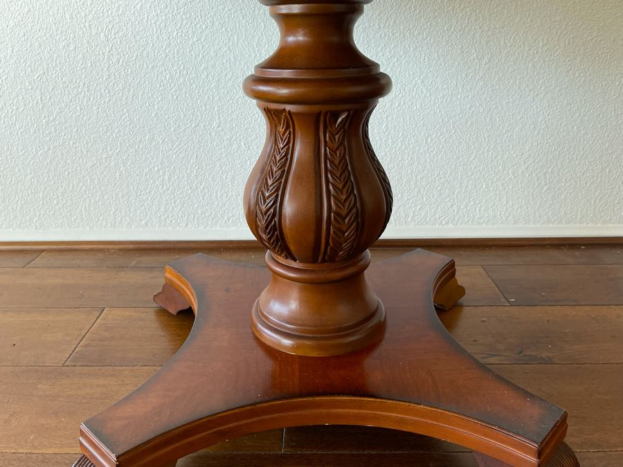 Inlaid Wooden Pedestal Table 3’R X 2’6”H [Photo 9]