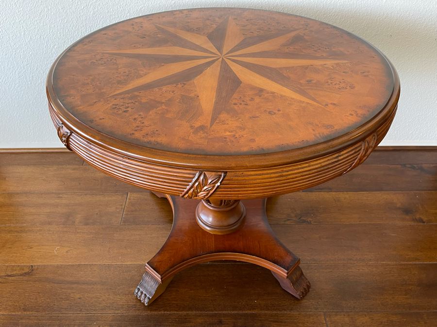 Inlaid Wooden Pedestal Table 3’R X 2’6”H [Photo 1]