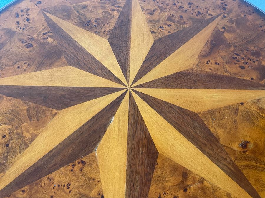 Inlaid Wooden Pedestal Table 3’R X 2’6”H [Photo 7]