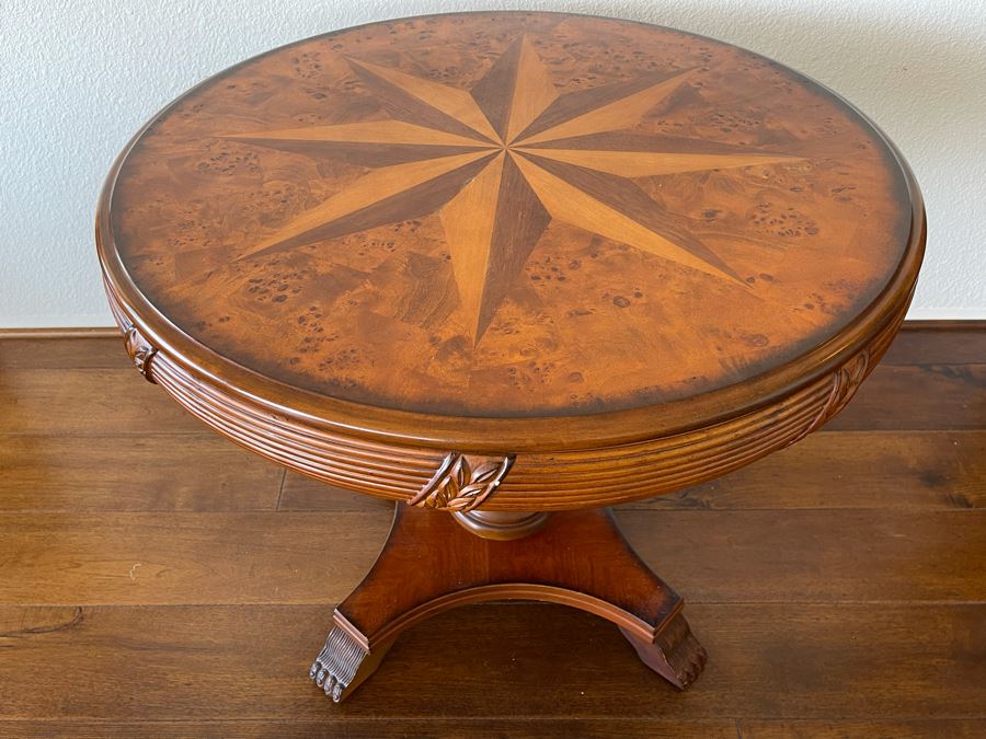 Inlaid Wooden Pedestal Table 3’R X 2’6”H [Photo 4]
