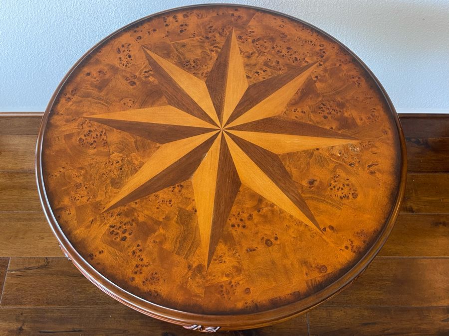 Inlaid Wooden Pedestal Table 3’R X 2’6”H [Photo 5]