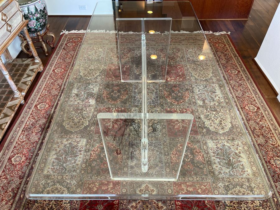 Lucite Base Dining Table In Manner Of Karl Springer With Glass Top 3’2”W X 6’6”L X 2’5”H [Photo 13]