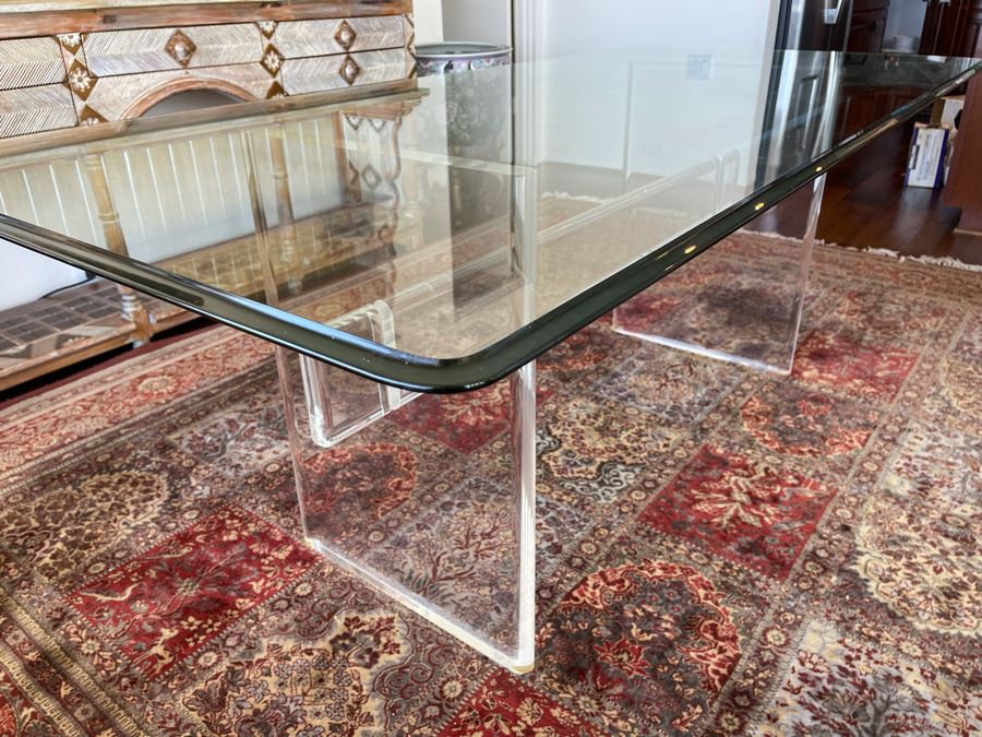 Lucite Base Dining Table In Manner Of Karl Springer With Glass Top 3’2”W X 6’6”L X 2’5”H [Photo 12]