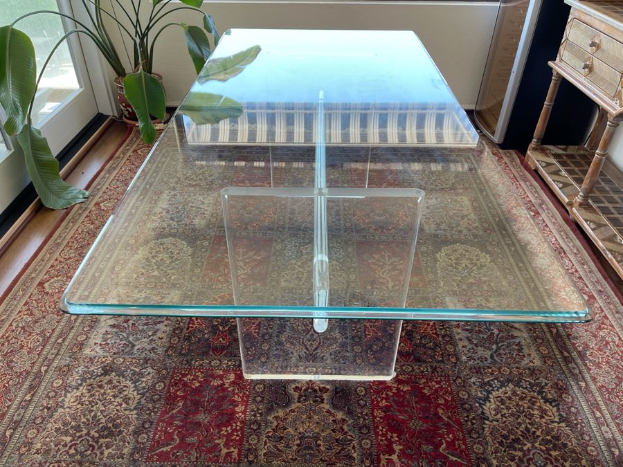 Lucite Base Dining Table In Manner Of Karl Springer With Glass Top 3’2”W X 6’6”L X 2’5”H [Photo 5]