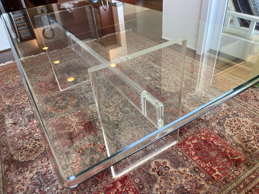 Lucite Base Dining Table In Manner Of Karl Springer With Glass Top 3’2”W X 6’6”L X 2’5”H [Photo 16]