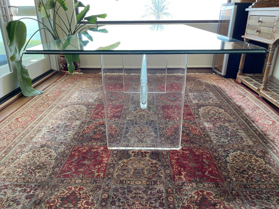 Lucite Base Dining Table In Manner Of Karl Springer With Glass Top 3’2”W X 6’6”L X 2’5”H [Photo 7]