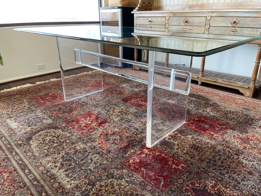 Lucite Base Dining Table In Manner Of Karl Springer With Glass Top 3’2”W X 6’6”L X 2’5”H [Photo 2]