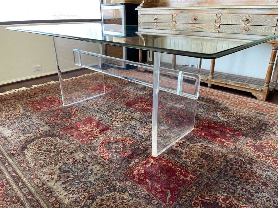 Lucite Base Dining Table In Manner Of Karl Springer With Glass Top 3’2”W X 6’6”L X 2’5”H [Photo 4]