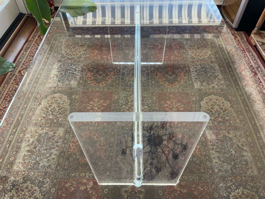Lucite Base Dining Table In Manner Of Karl Springer With Glass Top 3’2”W X 6’6”L X 2’5”H [Photo 6]