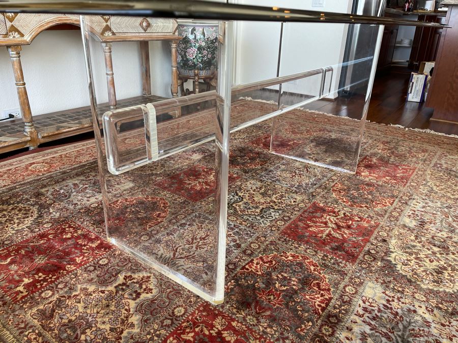Lucite Base Dining Table In Manner Of Karl Springer With Glass Top 3’2”W X 6’6”L X 2’5”H [Photo 10]