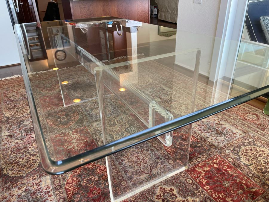Lucite Base Dining Table In Manner Of Karl Springer With Glass Top 3’2”W X 6’6”L X 2’5”H [Photo 15]