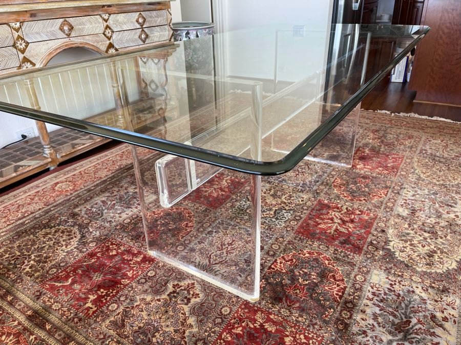 Lucite Base Dining Table In Manner Of Karl Springer With Glass Top 3’2”W X 6’6”L X 2’5”H [Photo 9]