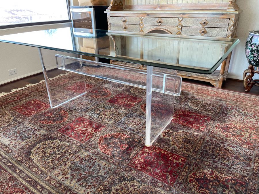 Lucite Base Dining Table In Manner Of Karl Springer With Glass Top 3’2”W X 6’6”L X 2’5”H