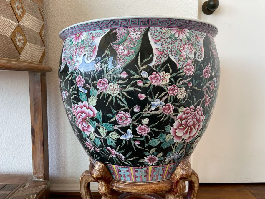 Large Chinese Porcelain Fish Bowl Planter With Wooden Stand 1’7”R X 1’6”H [Photo 14]
