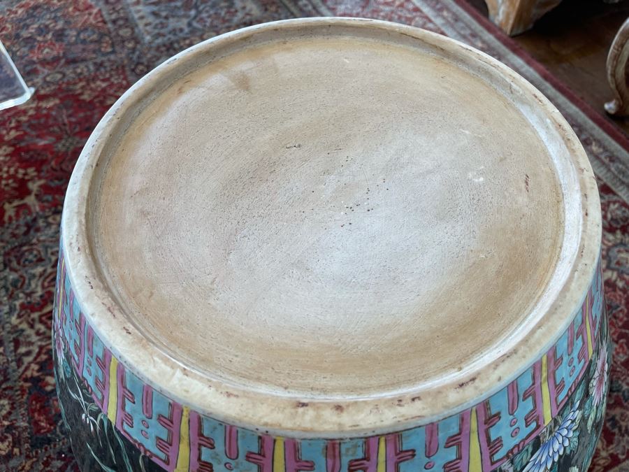 Large Chinese Porcelain Fish Bowl Planter With Wooden Stand 1’7”R X 1’6”H [Photo 21]