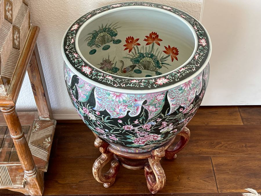 Large Chinese Porcelain Fish Bowl Planter With Wooden Stand 1’7”R X 1’6”H [Photo 6]