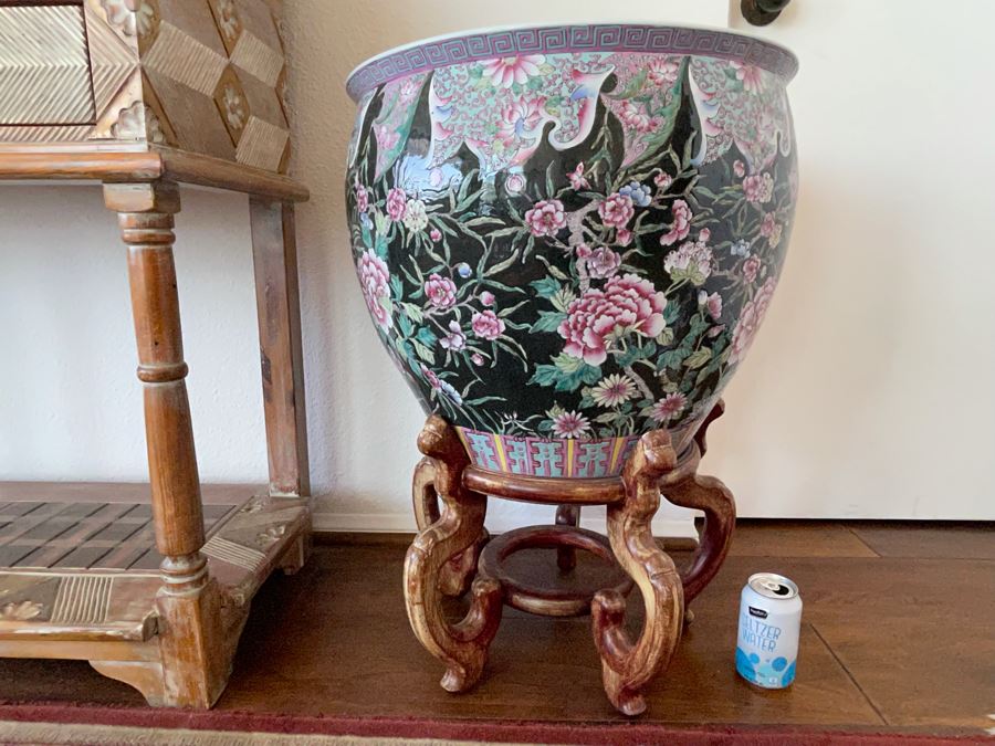 Large Chinese Porcelain Fish Bowl Planter With Wooden Stand 1’7”R X 1’6”H [Photo 4]