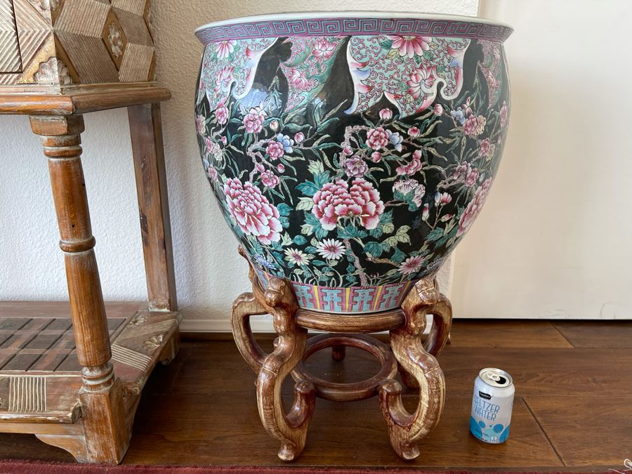 Large Chinese Porcelain Fish Bowl Planter With Wooden Stand 1’7”R X 1’6”H [Photo 16]